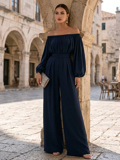 Off-Shoulder Wide-Leg Jumpsuit in Cotton Blend