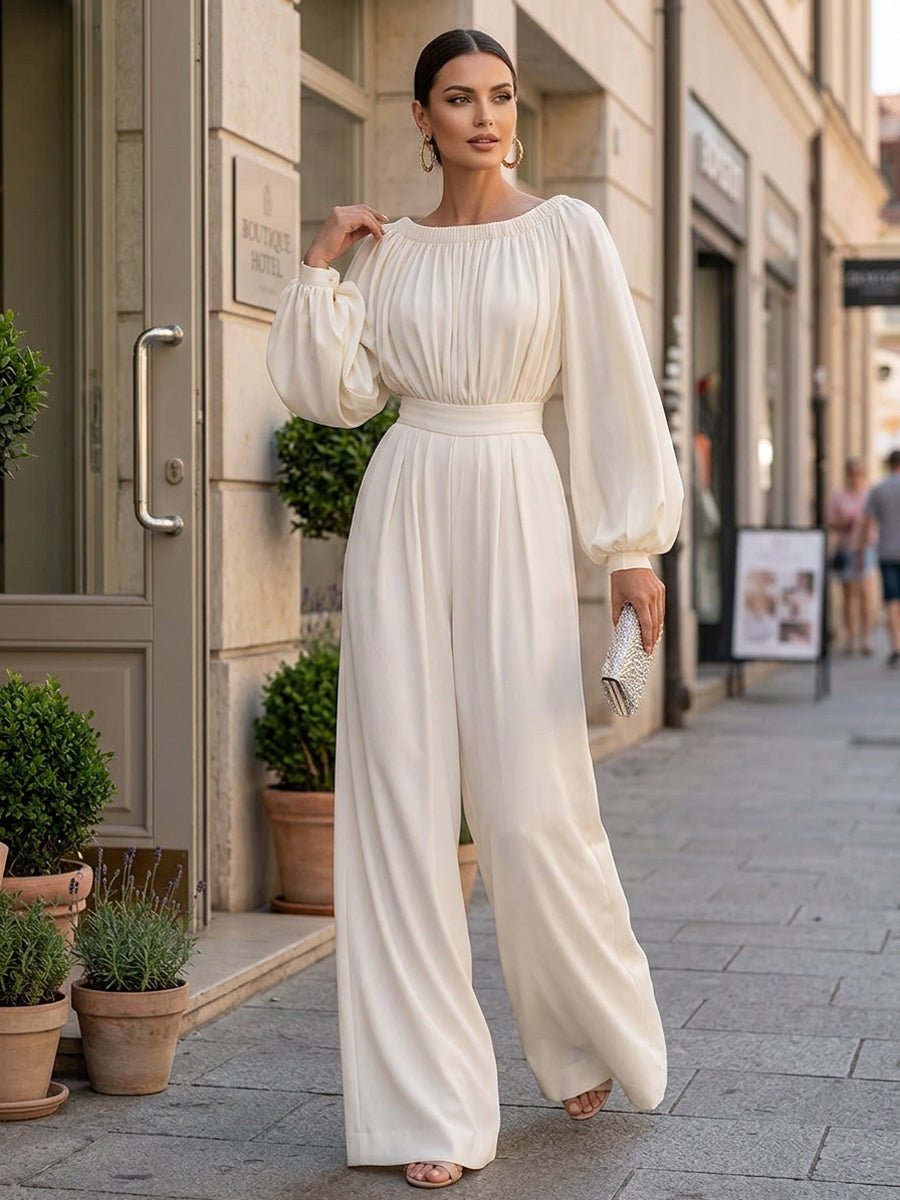 Off-Shoulder Wide-Leg Jumpsuit in Cotton Blend