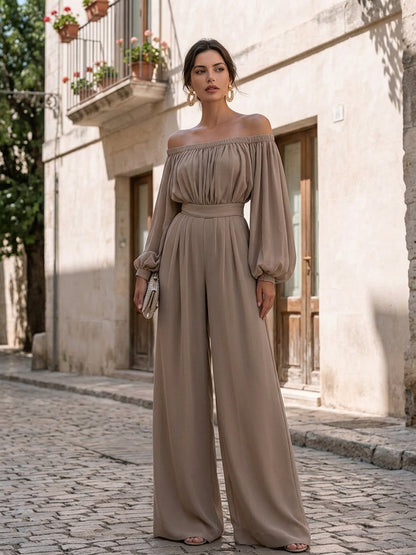 Off-Shoulder Wide-Leg Jumpsuit in Cotton Blend