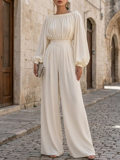 Off-Shoulder Wide-Leg Jumpsuit in Cotton Blend