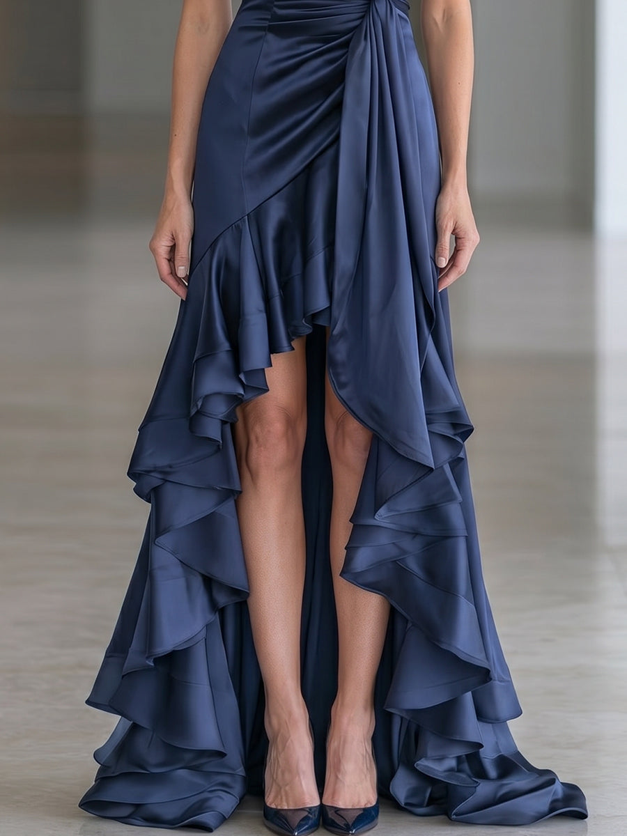 Halter Neck Ruched Satin High-Low Ruffle Evening Gown