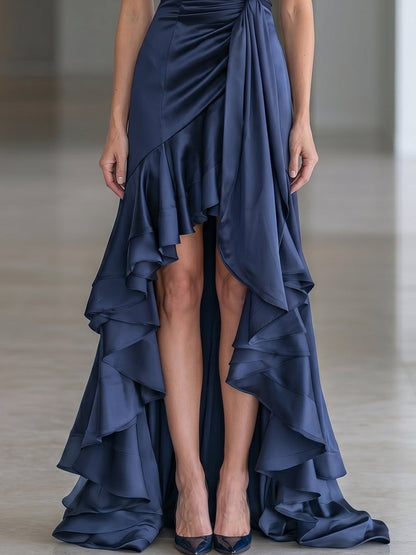 Halter Neck Ruched Satin High-Low Ruffle Evening Gown