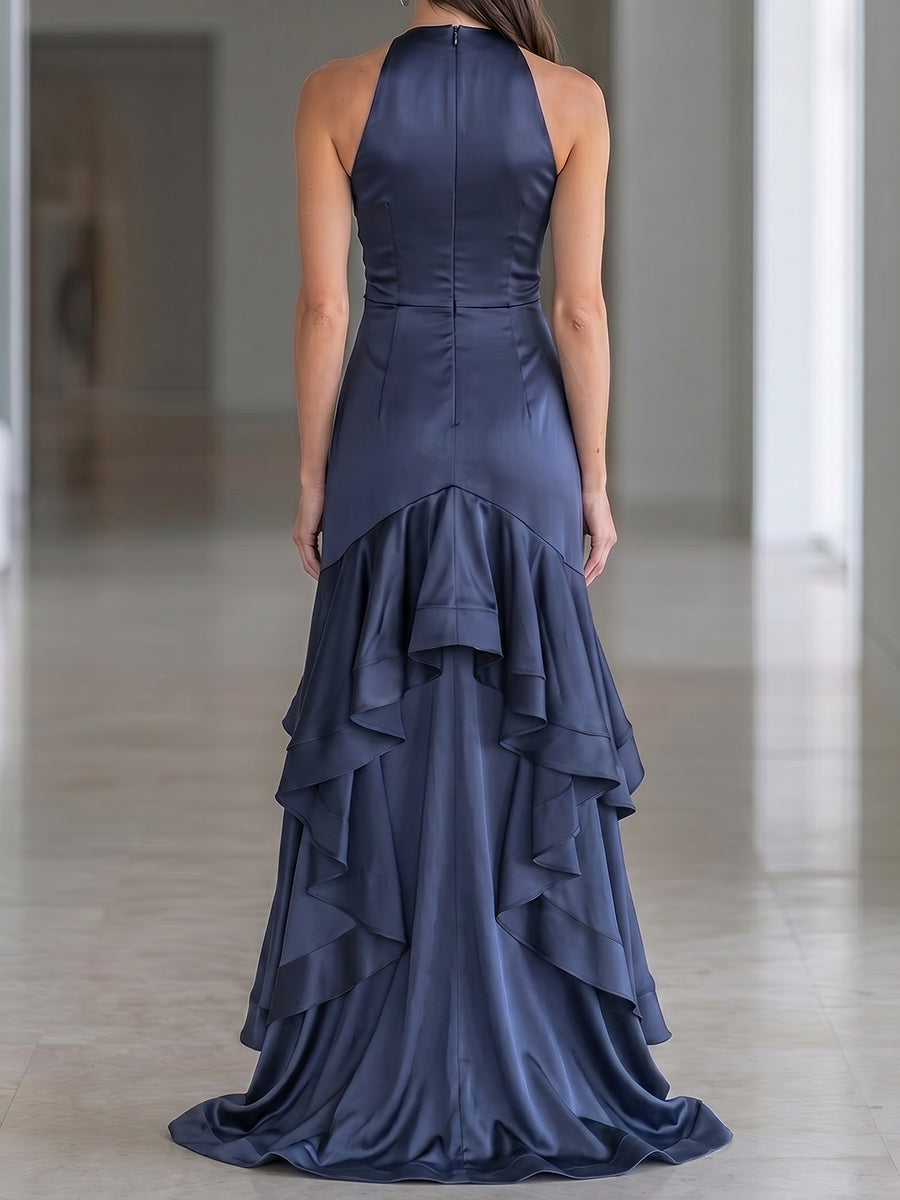Halter Neck Ruched Satin High-Low Ruffle Evening Gown