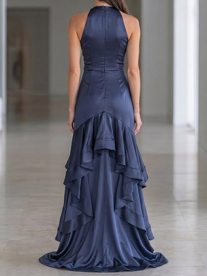 Halter Neck Ruched Satin High-Low Ruffle Evening Gown