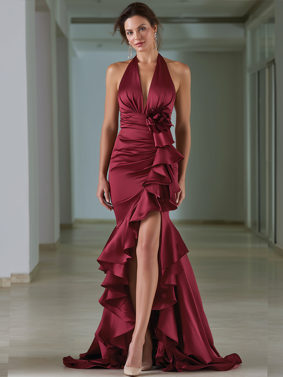 Floral Applique Halter Satin Ruffle Mermaid Gown