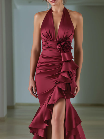 Floral Applique Halter Satin Ruffle Mermaid Gown