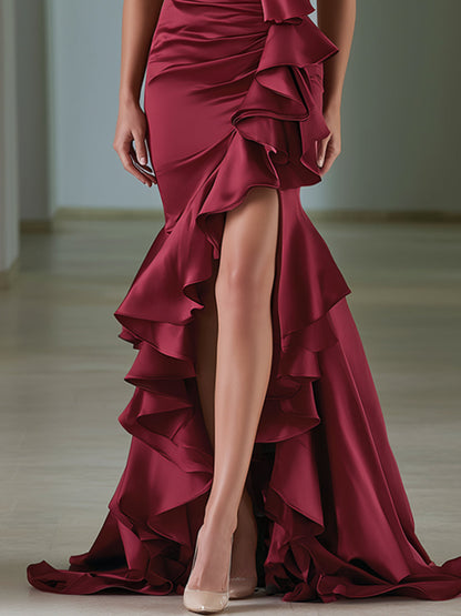 Floral Applique Halter Satin Ruffle Mermaid Gown