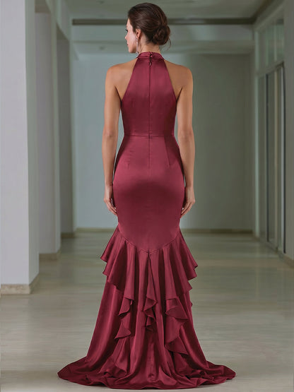Floral Applique Halter Satin Ruffle Mermaid Gown