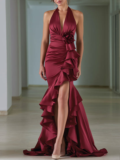 Floral Applique Halter Satin Ruffle Mermaid Gown