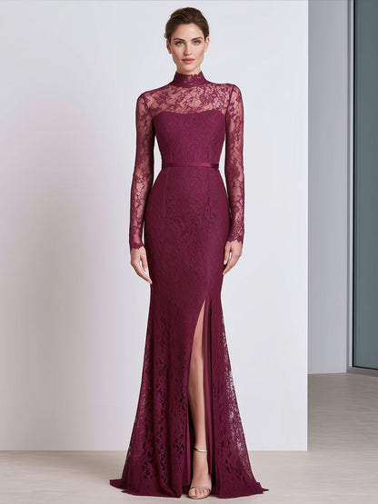 High Neck Long Sleeve Lace Mermaid Evening Gown