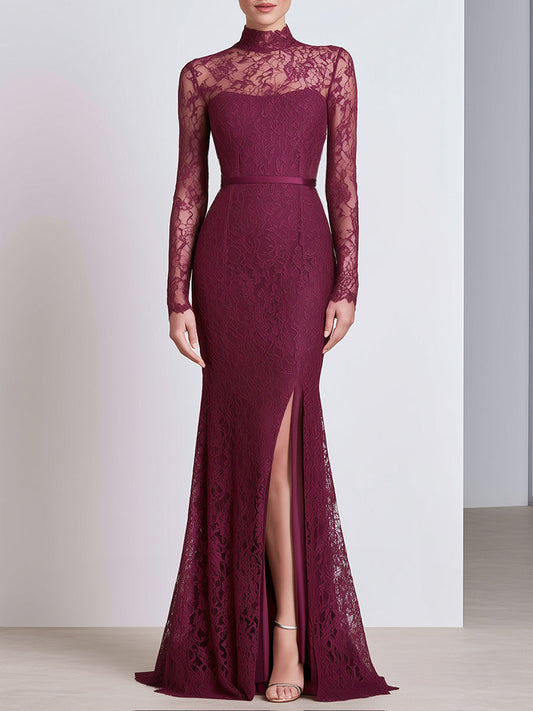 High Neck Long Sleeve Lace Mermaid Evening Gown