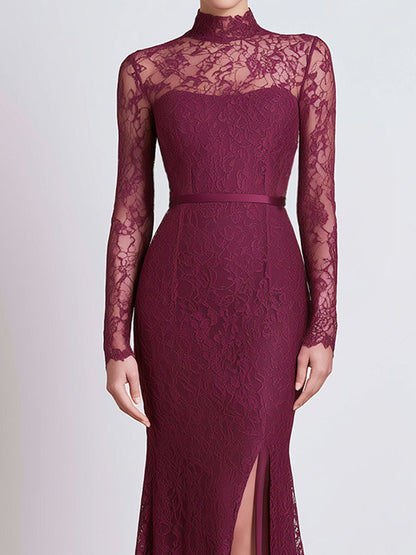 High Neck Long Sleeve Lace Mermaid Evening Gown