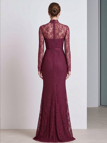High Neck Long Sleeve Lace Mermaid Evening Gown