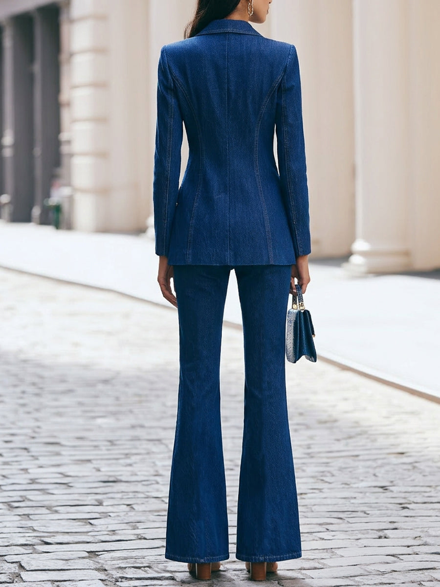 Tailored Denim Blazer & Flared Jeans Two-Piece Suit