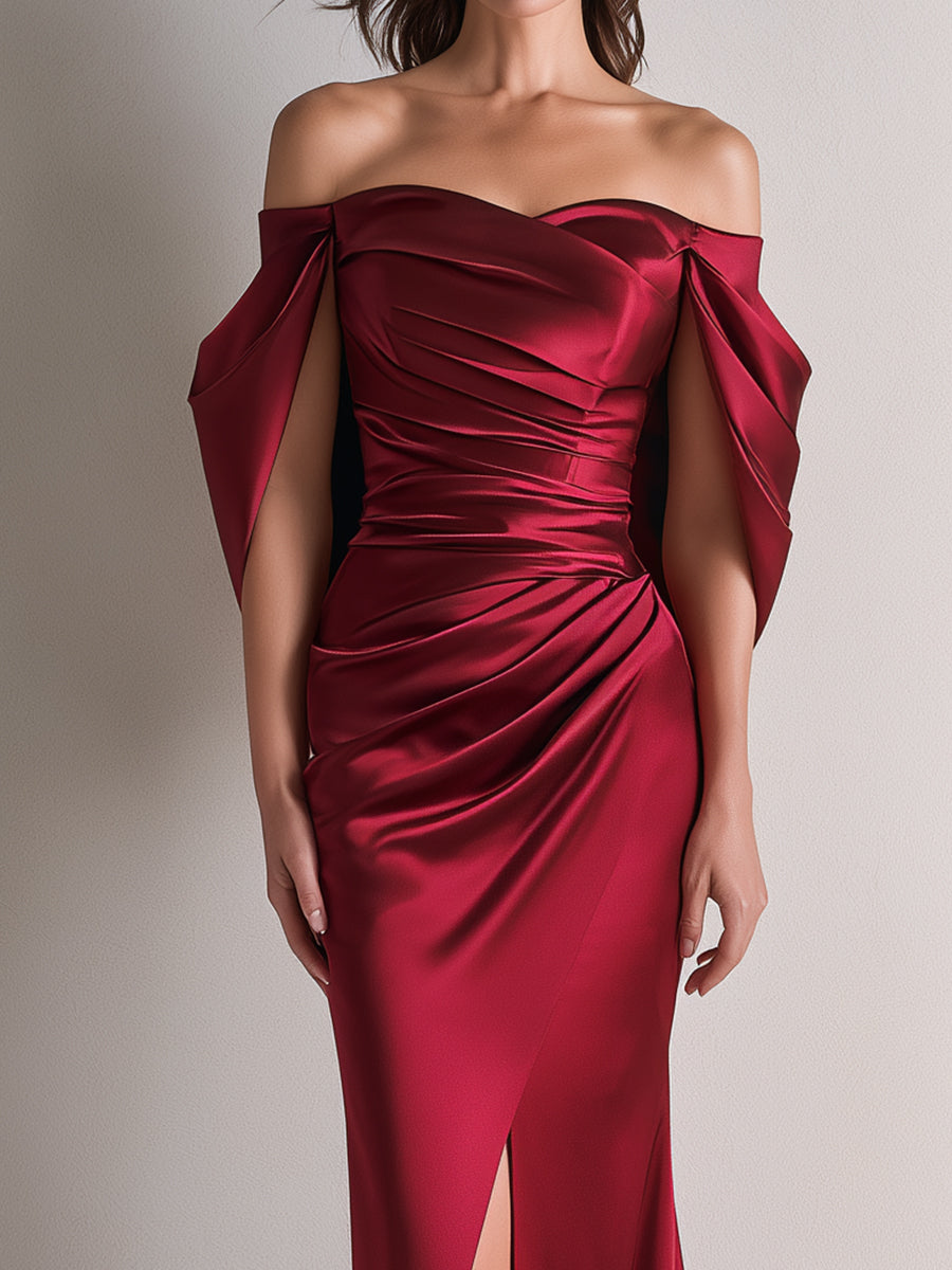 Off-Shoulder Ruched Satin Evening Gown with Draped Sleeves