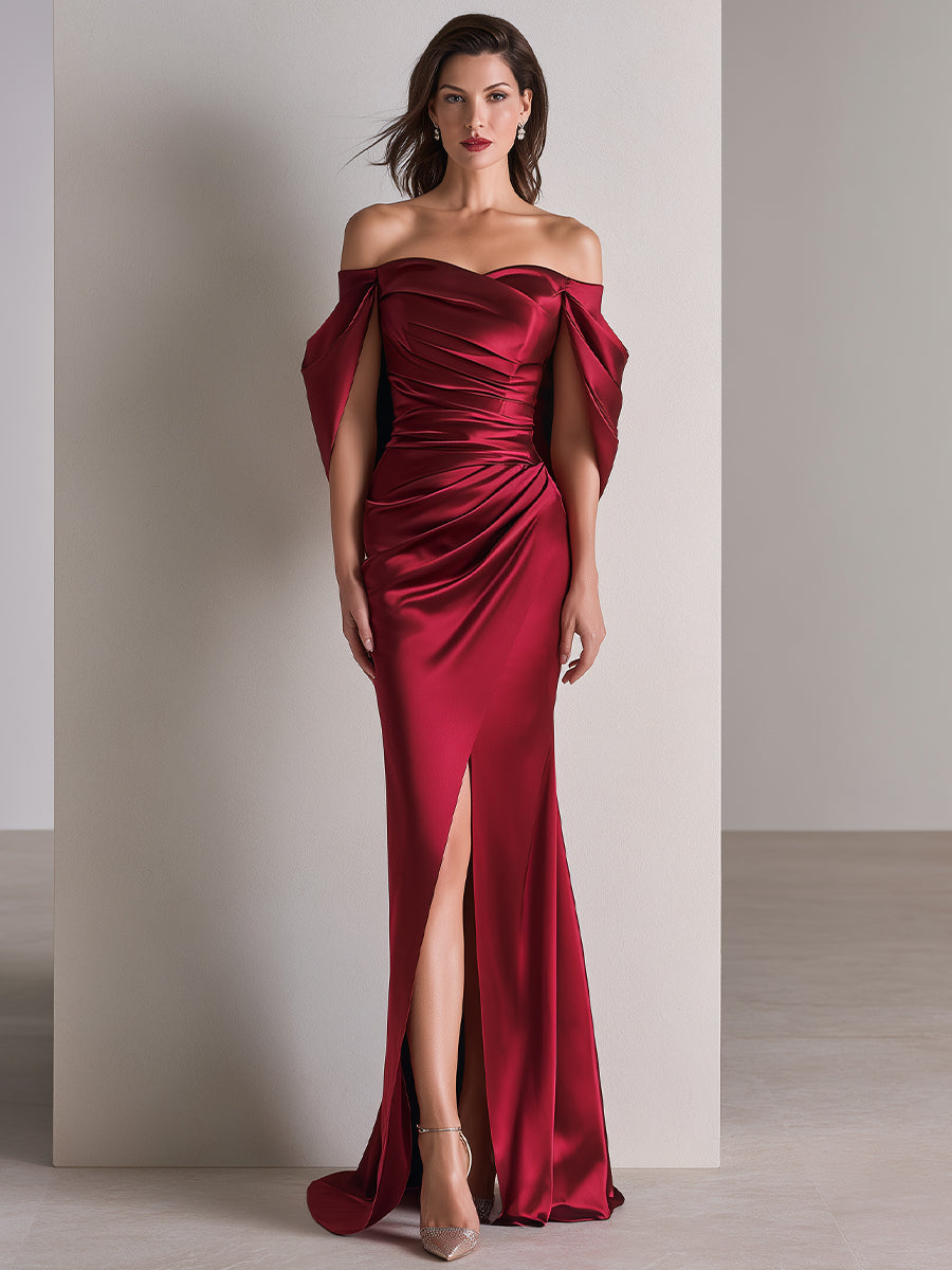 Off-Shoulder Ruched Satin Evening Gown with Draped Sleeves