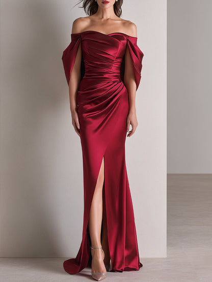 Off-Shoulder Ruched Satin Evening Gown with Draped Sleeves