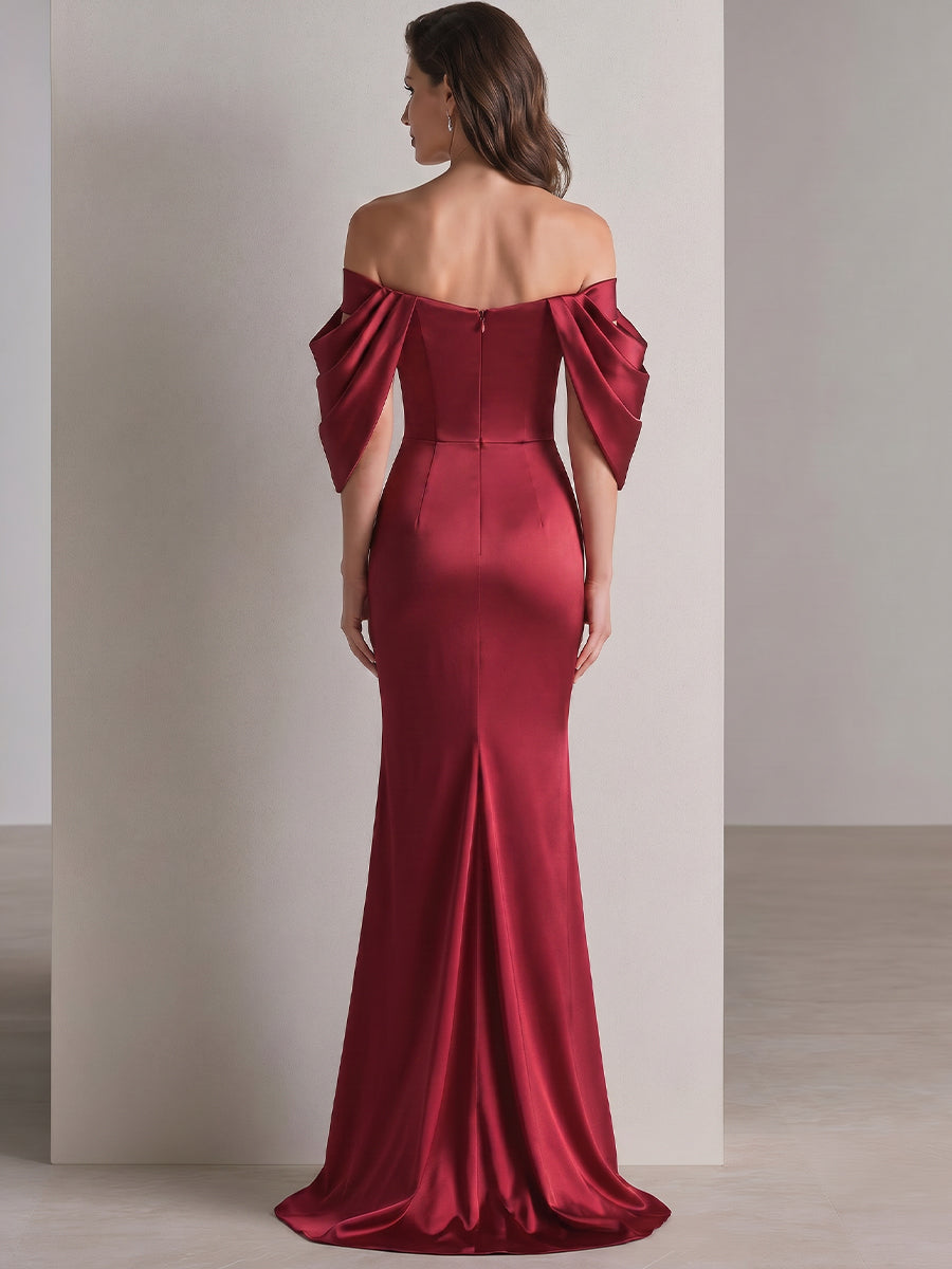 Off-Shoulder Ruched Satin Evening Gown with Draped Sleeves