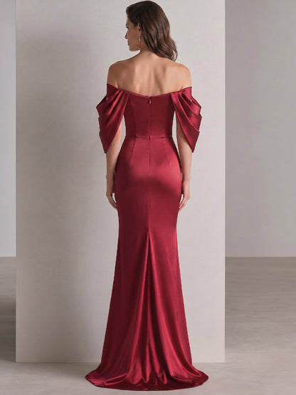 Off-Shoulder Ruched Satin Evening Gown with Draped Sleeves