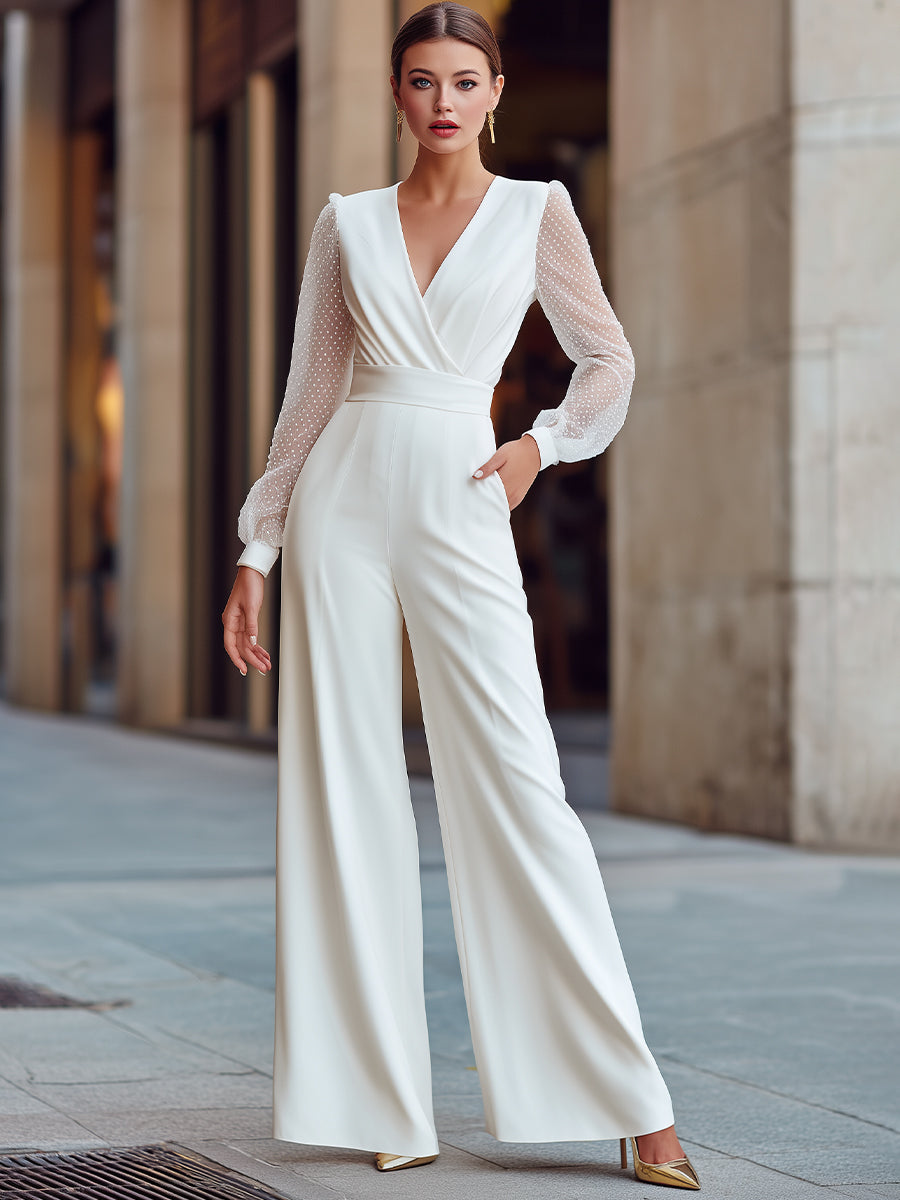 Sheer Dotted Sleeve Wrap-Front Wide-Leg Jumpsuit