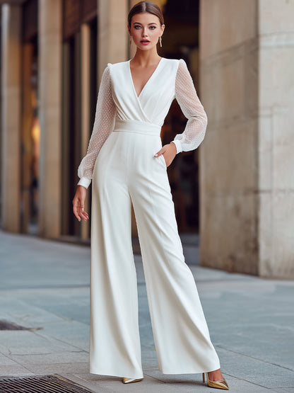 Sheer Dotted Sleeve Wrap-Front Wide-Leg Jumpsuit