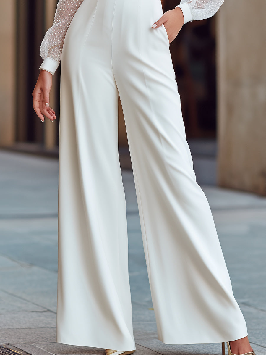 Sheer Dotted Sleeve Wrap-Front Wide-Leg Jumpsuit