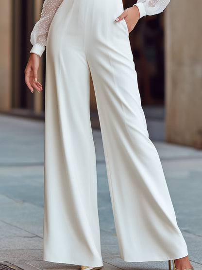 Sheer Dotted Sleeve Wrap-Front Wide-Leg Jumpsuit