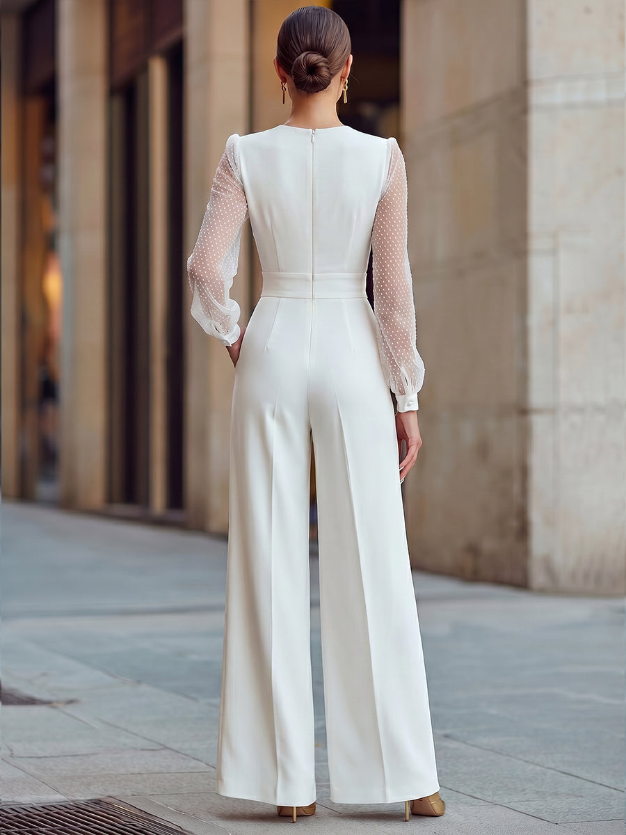 Sheer Dotted Sleeve Wrap-Front Wide-Leg Jumpsuit