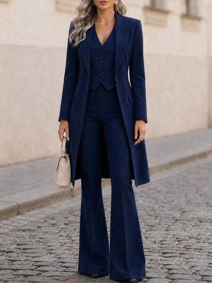Three-Piece Formal Co-ord Set — Long Line Blazer, V-Neck Vest & Flared Trousers