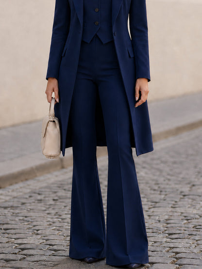 Three-Piece Formal Co-ord Set — Long Line Blazer, V-Neck Vest & Flared Trousers