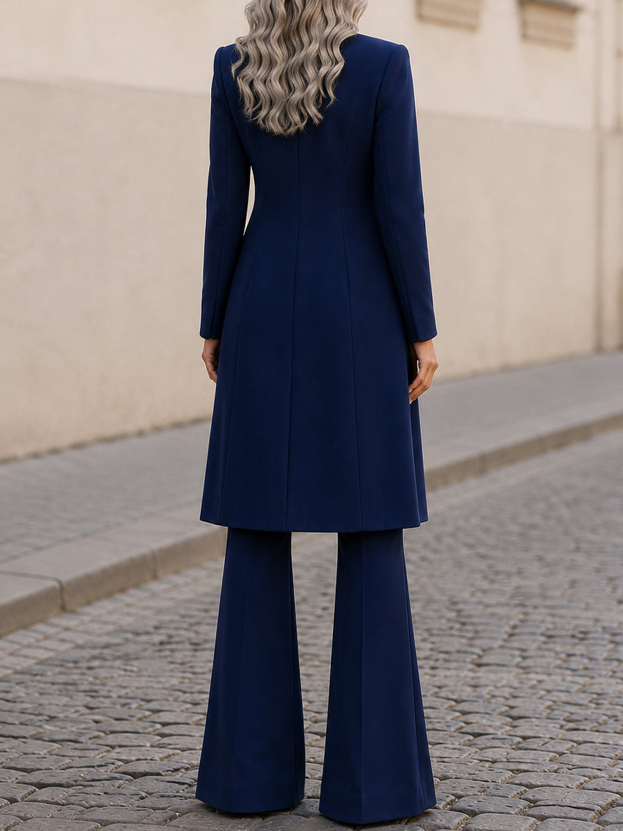 Three-Piece Formal Co-ord Set — Long Line Blazer, V-Neck Vest & Flared Trousers