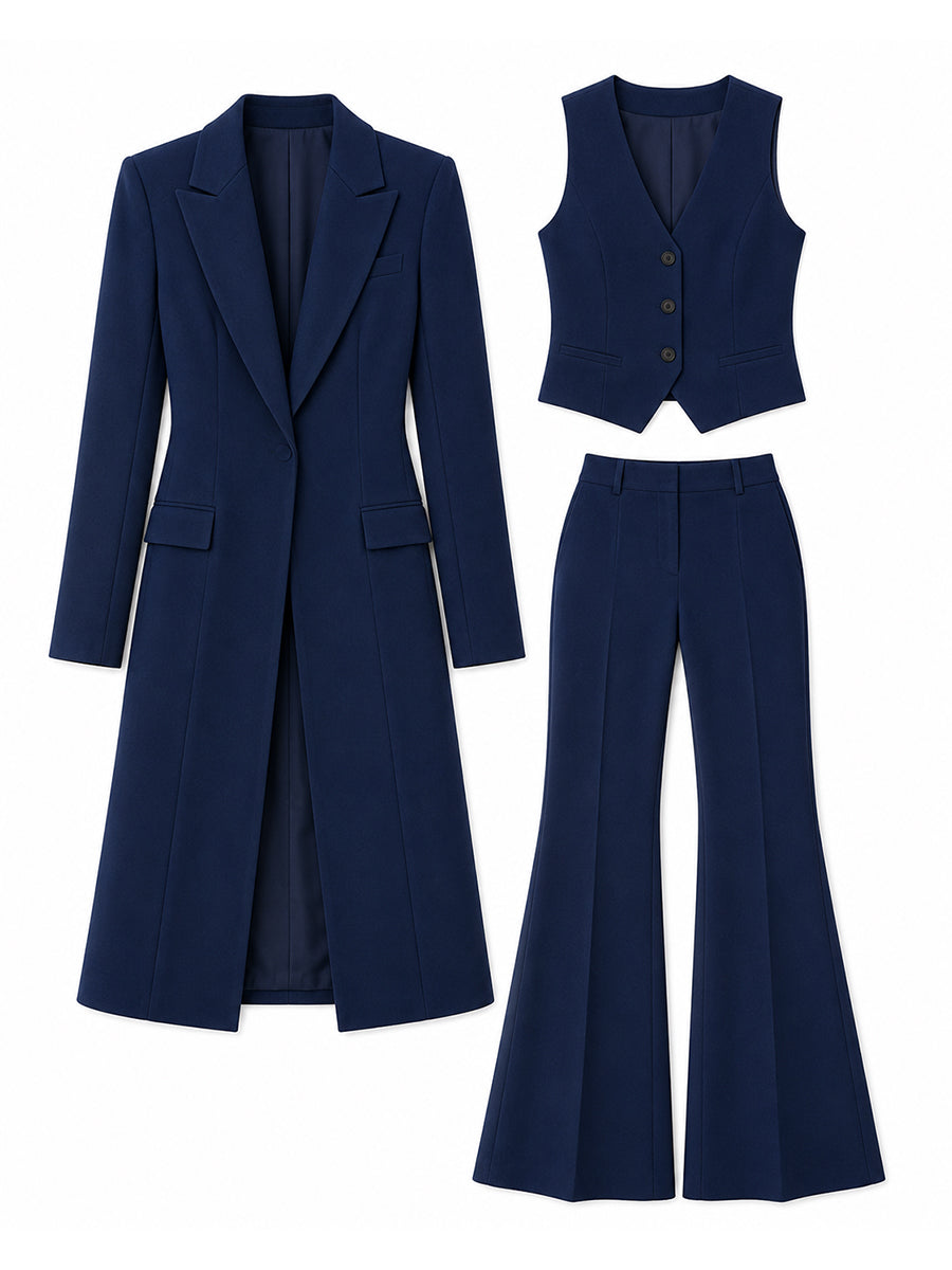 Three-Piece Formal Co-ord Set — Long Line Blazer, V-Neck Vest & Flared Trousers