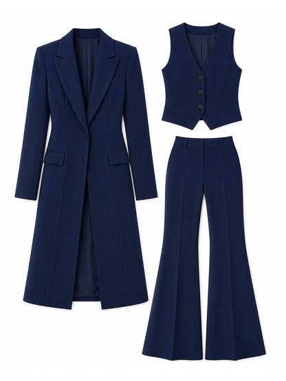 Three-Piece Formal Co-ord Set — Long Line Blazer, V-Neck Vest & Flared Trousers