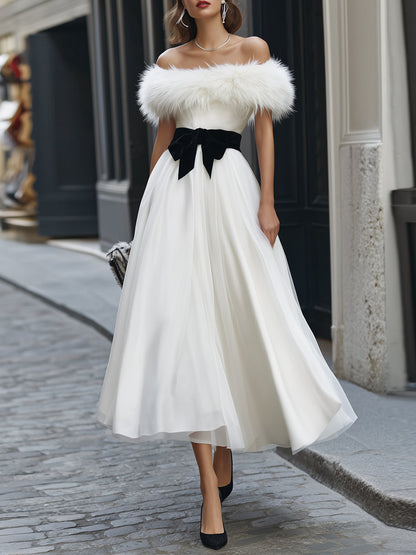 Off-Shoulder Tulle Midi Dress with Detachable Faux Fur Trim