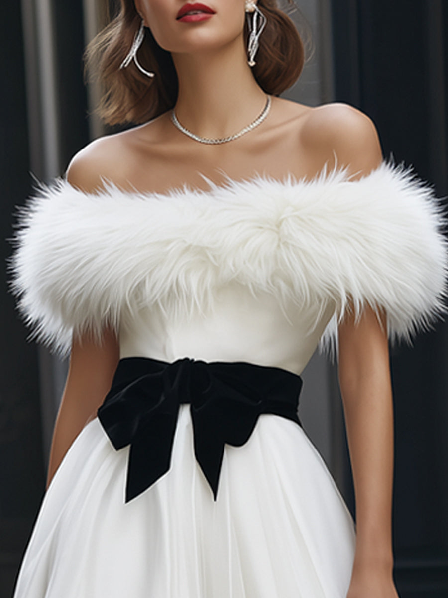 Off-Shoulder Tulle Midi Dress with Detachable Faux Fur Trim