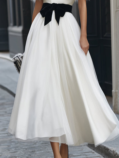 Off-Shoulder Tulle Midi Dress with Detachable Faux Fur Trim