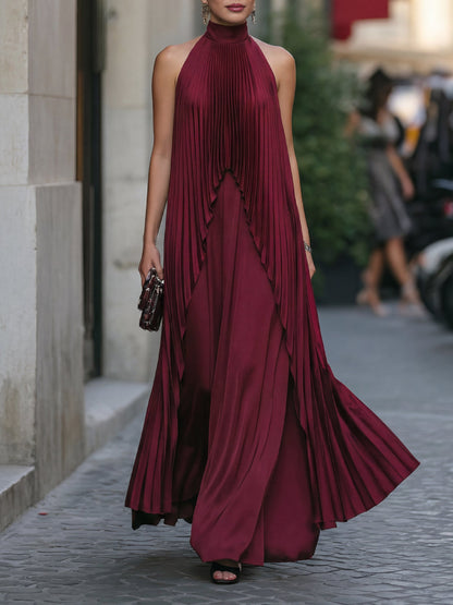 Halter Neck Pleated Overlay Maxi Dress
