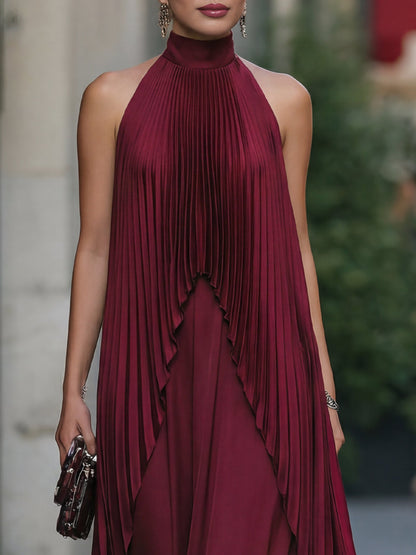 Halter Neck Pleated Overlay Maxi Dress