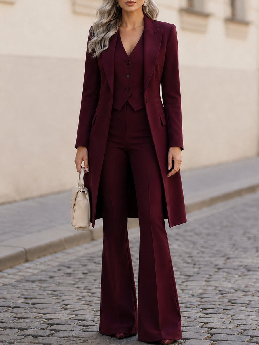 Three-Piece Formal Co-ord Set — Long Line Blazer, V-Neck Vest & Flared Trousers