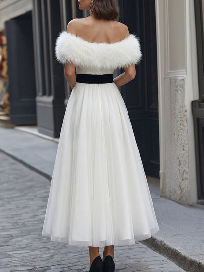 Off-Shoulder Tulle Midi Dress with Detachable Faux Fur Trim