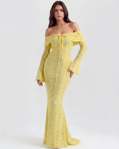 Vestido largo de encaje con escote bardot