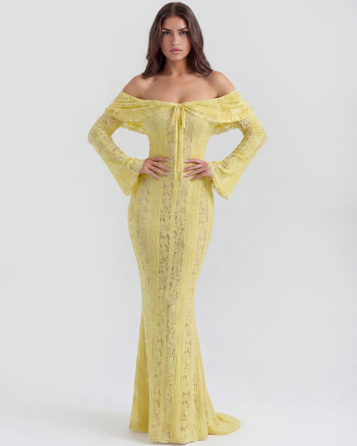 Vestido largo de encaje con escote bardot