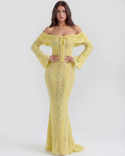 Vestido largo de encaje con escote bardot