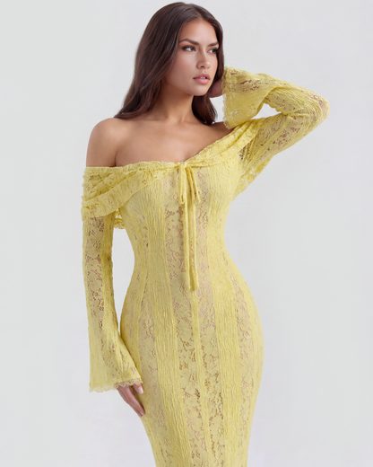 Vestido largo de encaje con escote bardot