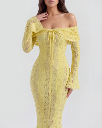 Vestido largo de encaje con escote bardot