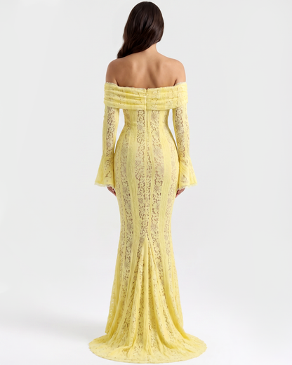 Vestido largo de encaje con escote bardot