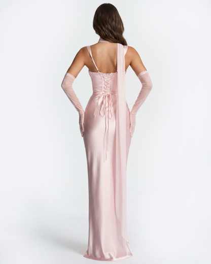 Vestido largo satinado con escote cuadrado