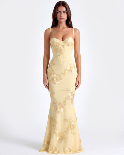 Vestido largo con corsé floral bordado