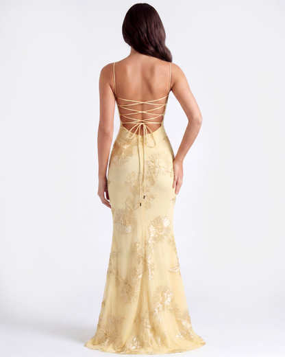 Vestido largo con corsé floral bordado
