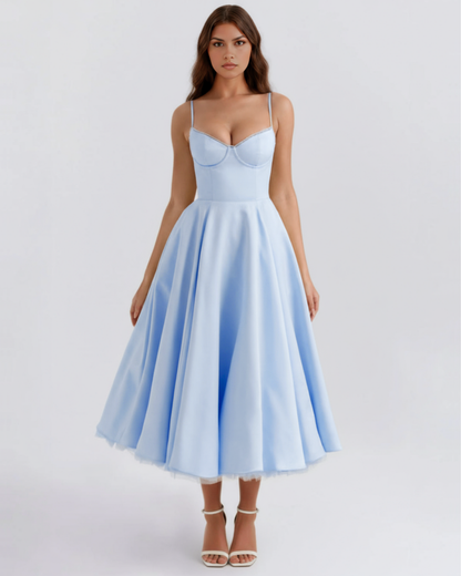 Vestido midi con corsé y falda amplia